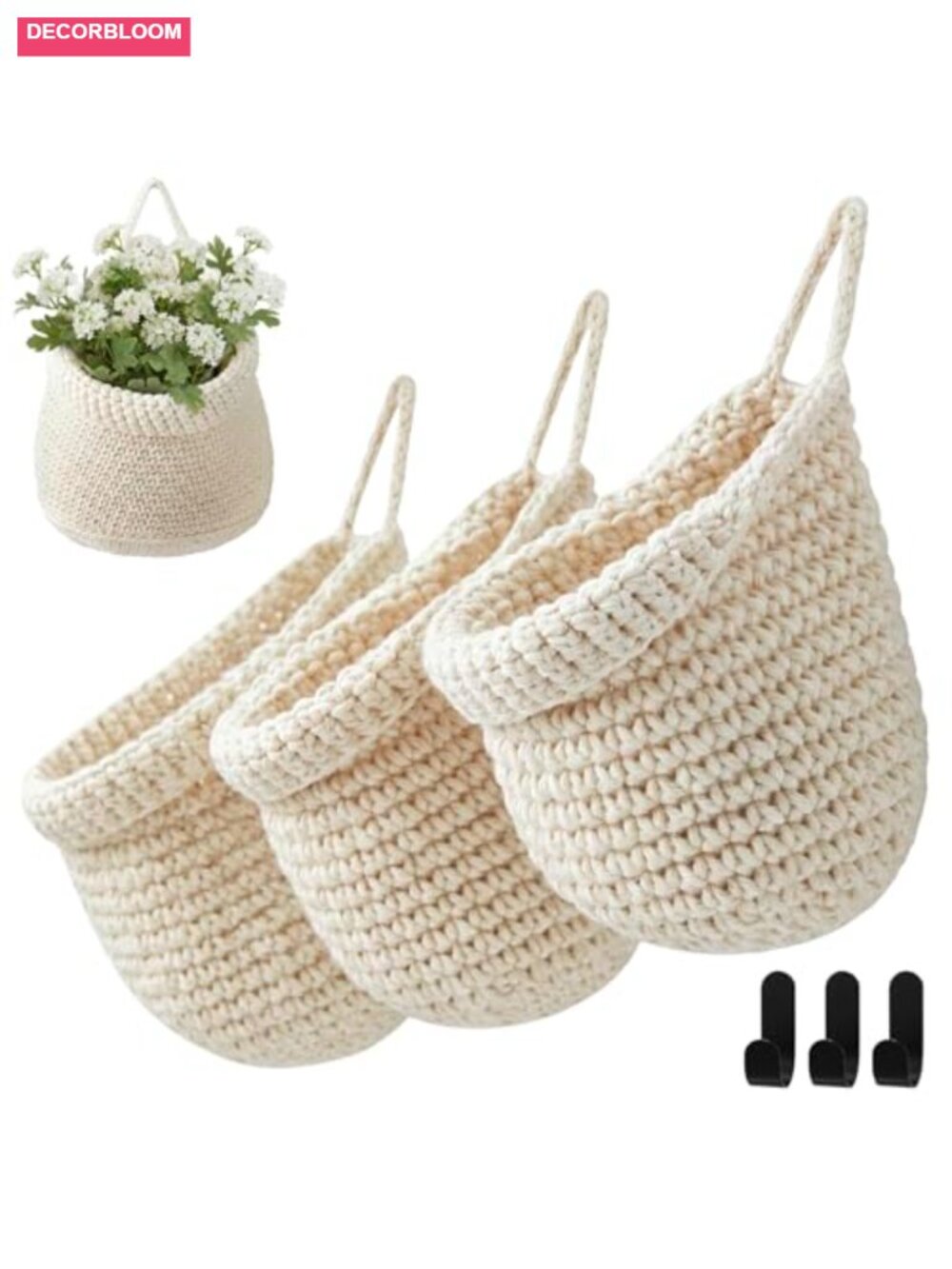 Hand Woven Jute Hanging Baskets Set of 3 Wall Organizer Storage Decor